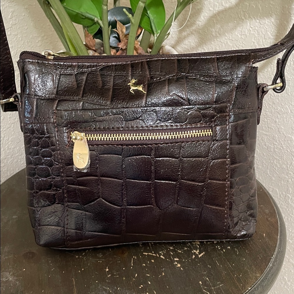 Ashwood Leather Dark Brown Croc-Embossed Crossbody Bag with Gold Accents